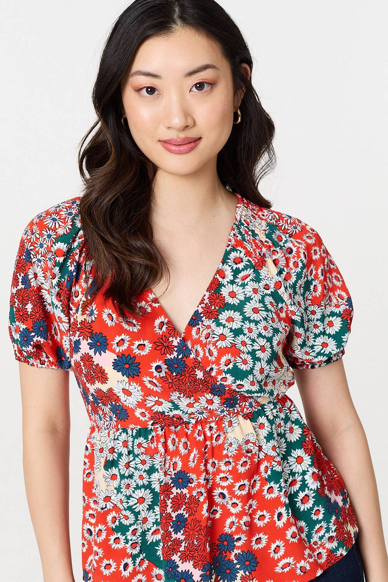 Ditsy Floral Faux Wrap V-Neck Top