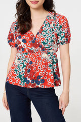 Ditsy Floral Faux Wrap V-Neck Top