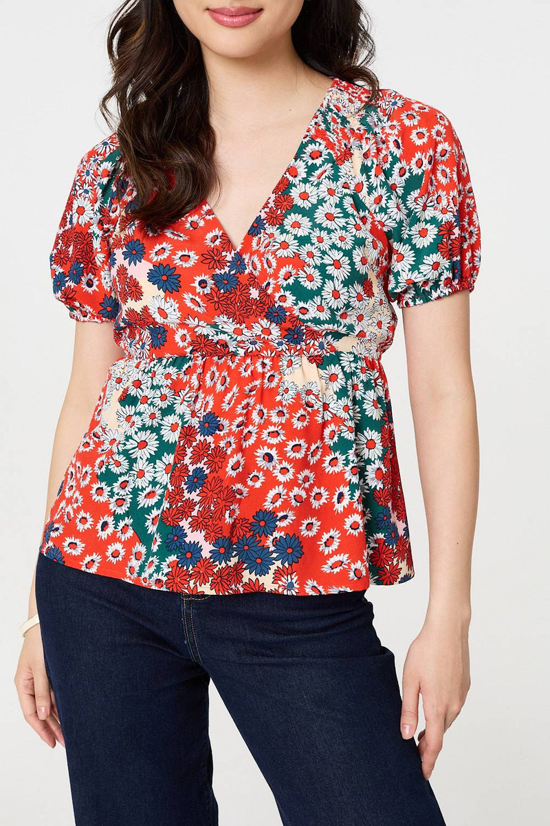 Ditsy Floral Faux Wrap V-Neck Top