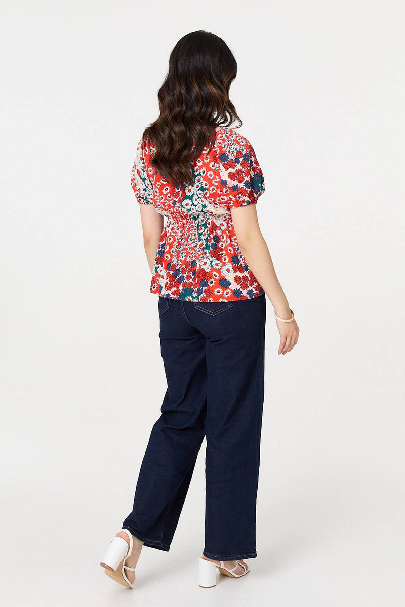 Ditsy Floral Faux Wrap V-Neck Top