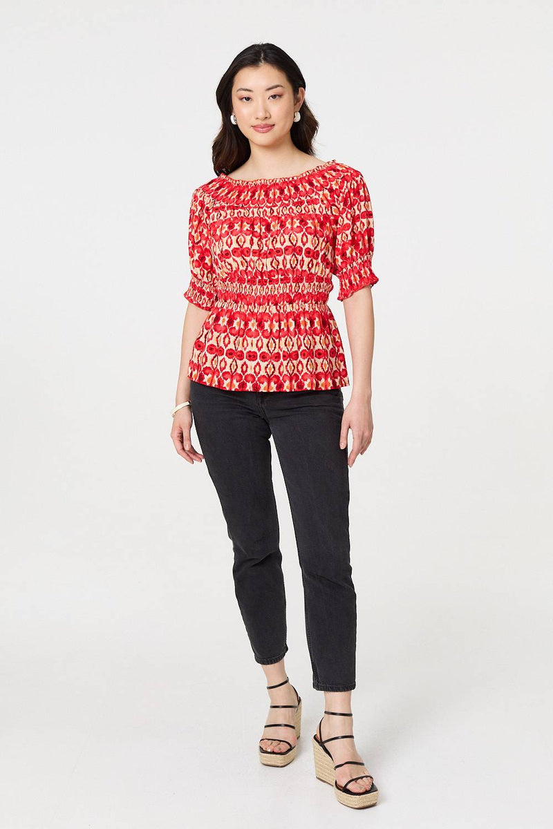 Printed Shirred 1/2 Sleeve Bardot Top