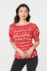 Printed Shirred 1/2 Sleeve Bardot Top