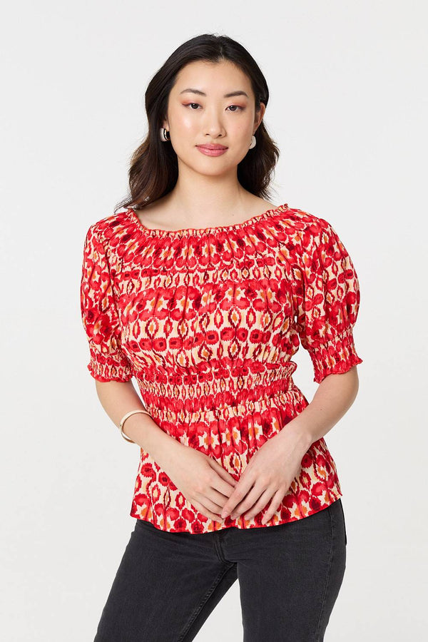 Printed Shirred 1/2 Sleeve Bardot Top