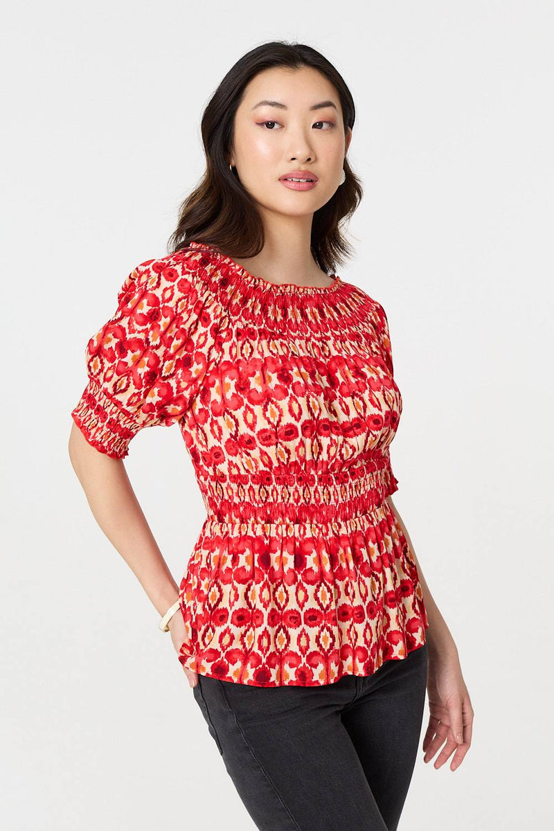 Printed Shirred 1/2 Sleeve Bardot Top