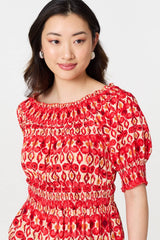 Printed Shirred 1/2 Sleeve Bardot Top