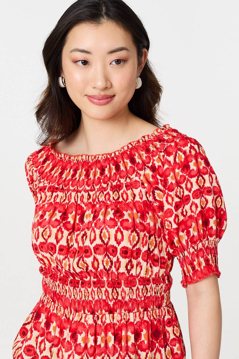 Printed Shirred 1/2 Sleeve Bardot Top