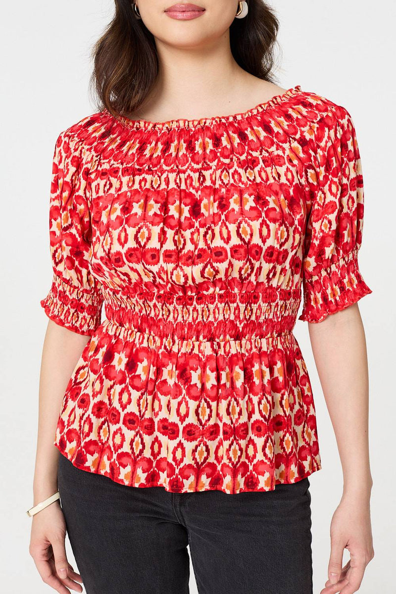 Printed Shirred 1/2 Sleeve Bardot Top