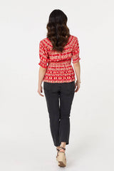 Printed Shirred 1/2 Sleeve Bardot Top