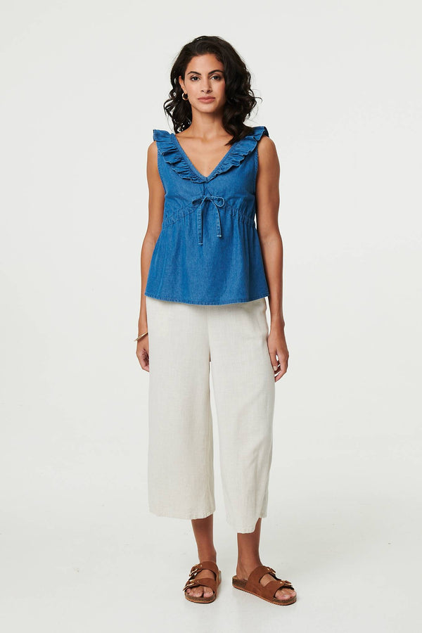 Denim Frill Trim V-Neck Peplum Top