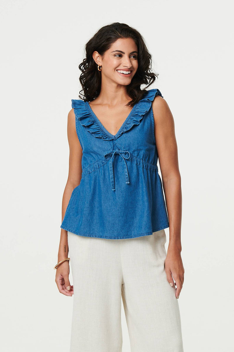 Denim Frill Trim V-Neck Peplum Top
