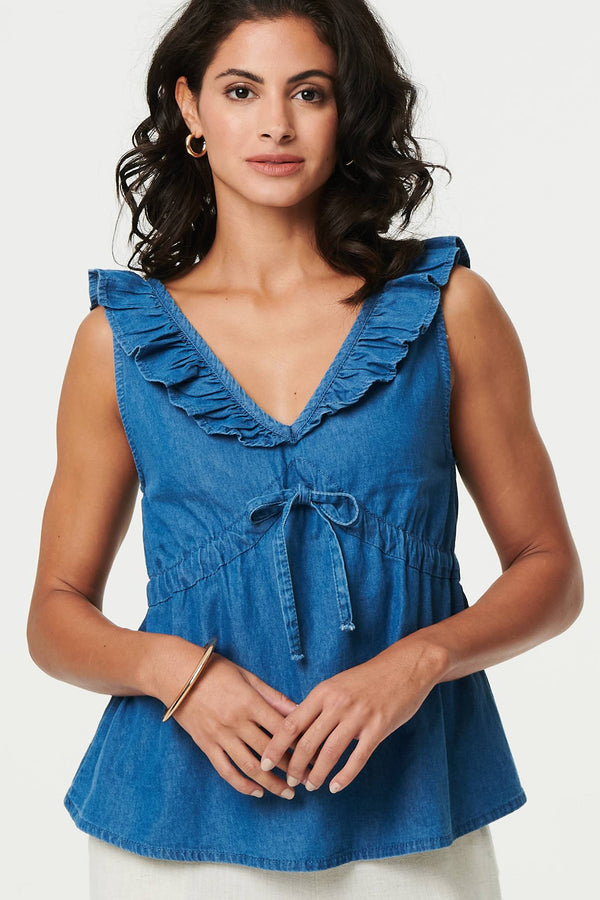 Denim Frill Trim V-Neck Peplum Top