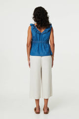 Denim Frill Trim V-Neck Peplum Top