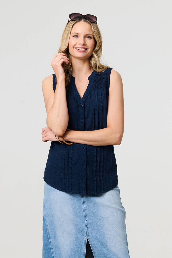 Lace Trim Sleeveless V-Neck Blouse