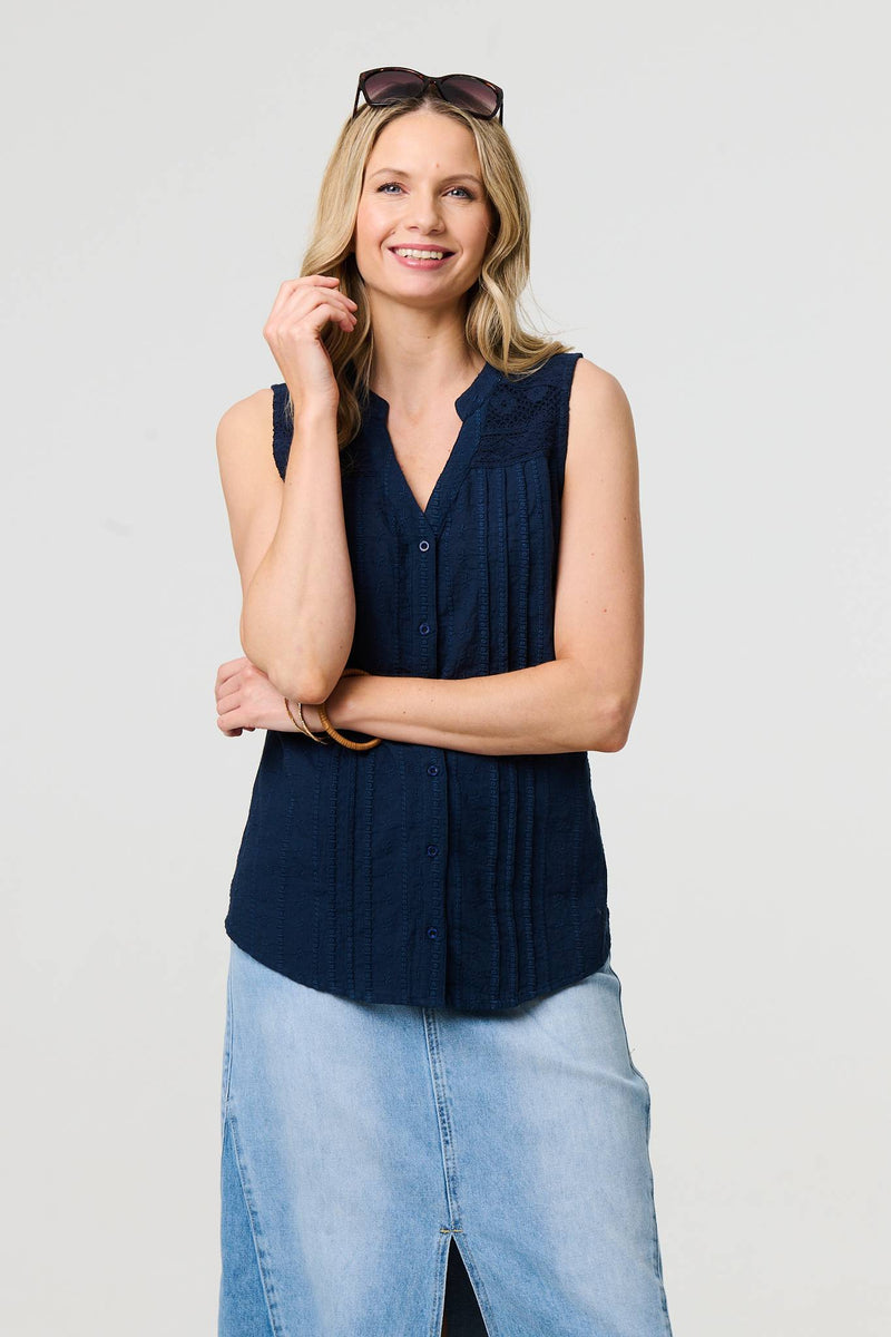 Lace Trim Sleeveless V-Neck Blouse