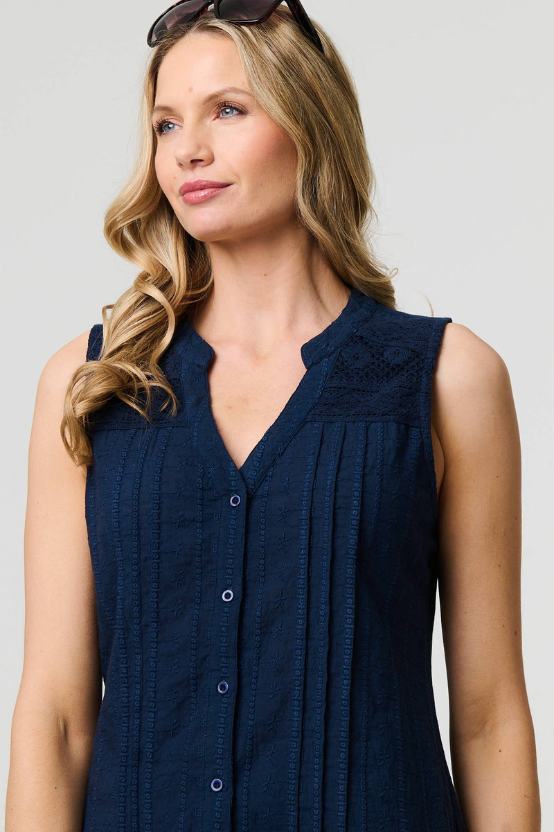 Lace Trim Sleeveless V-Neck Blouse