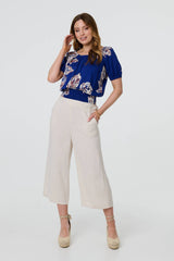 Leaf Print Bardot Puff Sleeve Crop Top