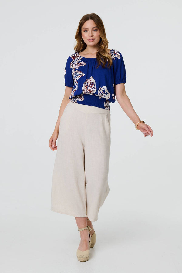 Leaf Print Bardot Puff Sleeve Crop Top