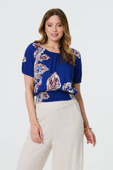 Leaf Print Bardot Puff Sleeve Crop Top