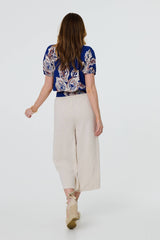 Leaf Print Bardot Puff Sleeve Crop Top