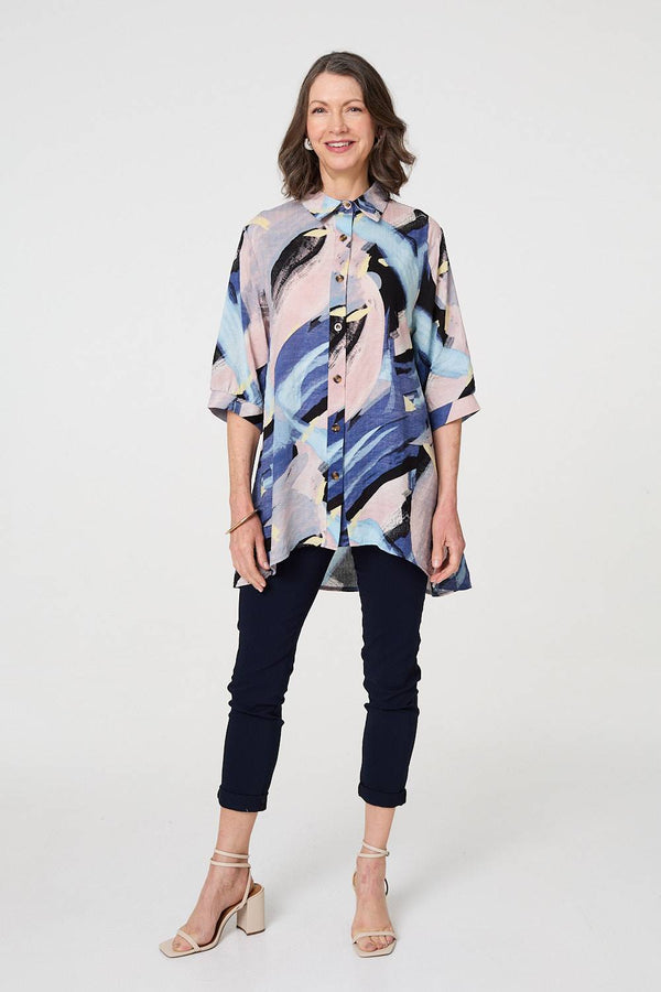 Brushstroke Print Collared Relaxed Shirt