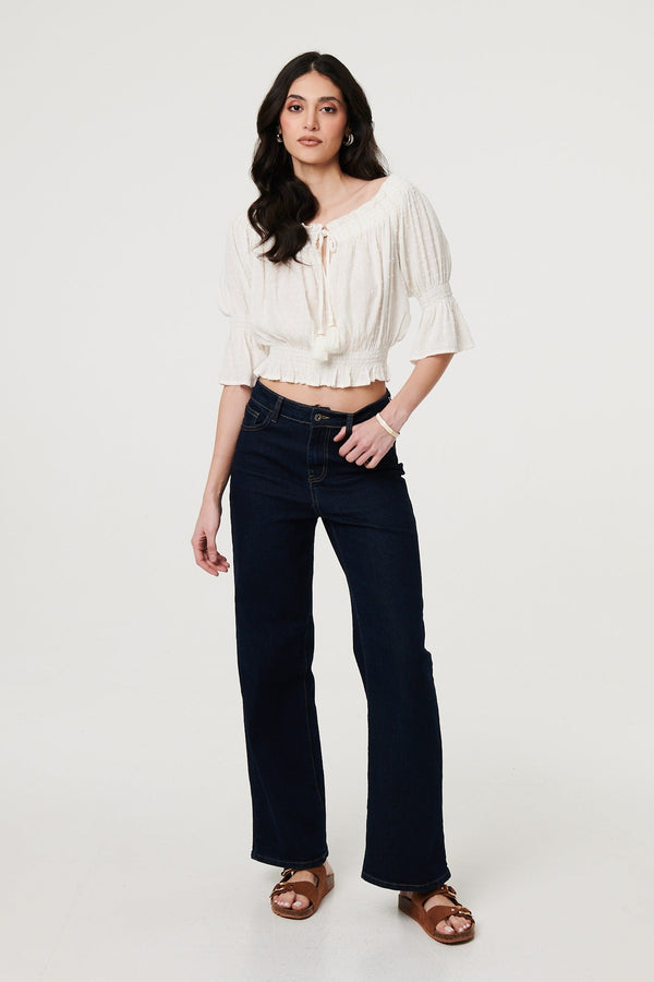 Textured Bardot Ruched Crop Top