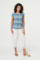 Printed Cap Sleeve Relaxed Blouse Top