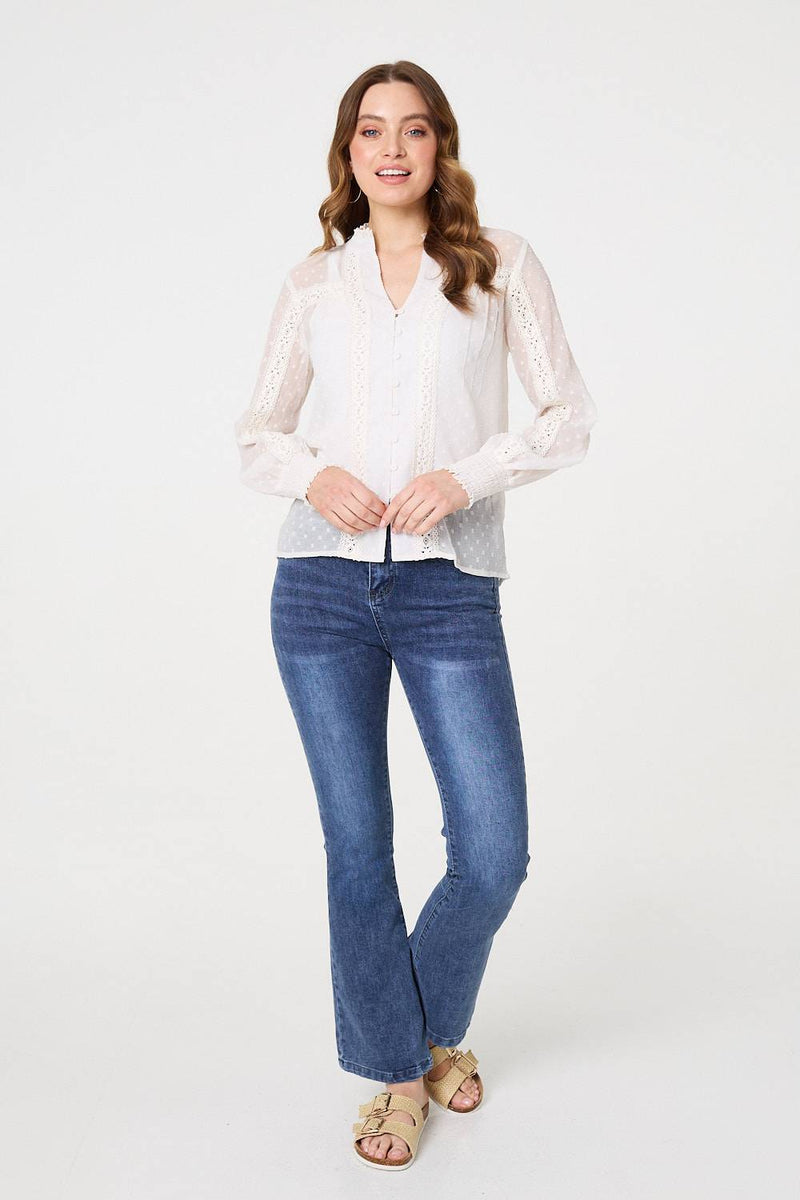 Lace Trim High Neck Long Sleeve Blouse