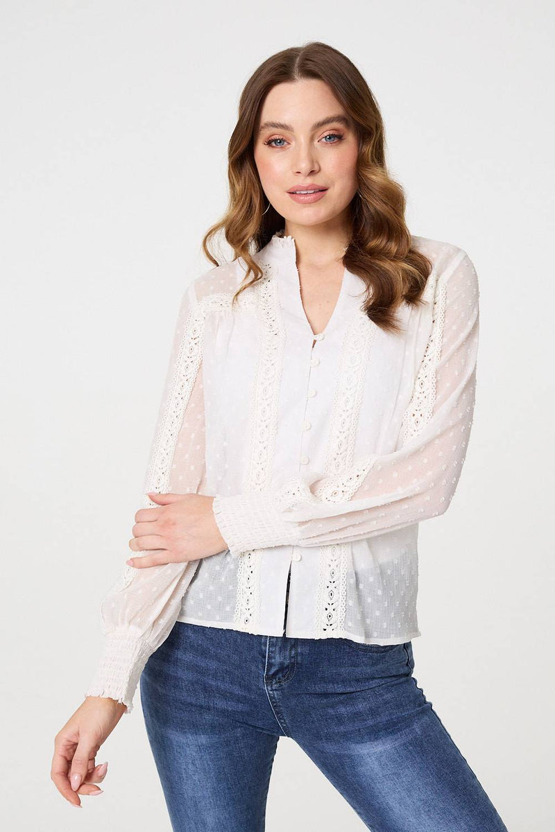 Lace Trim High Neck Long Sleeve Blouse