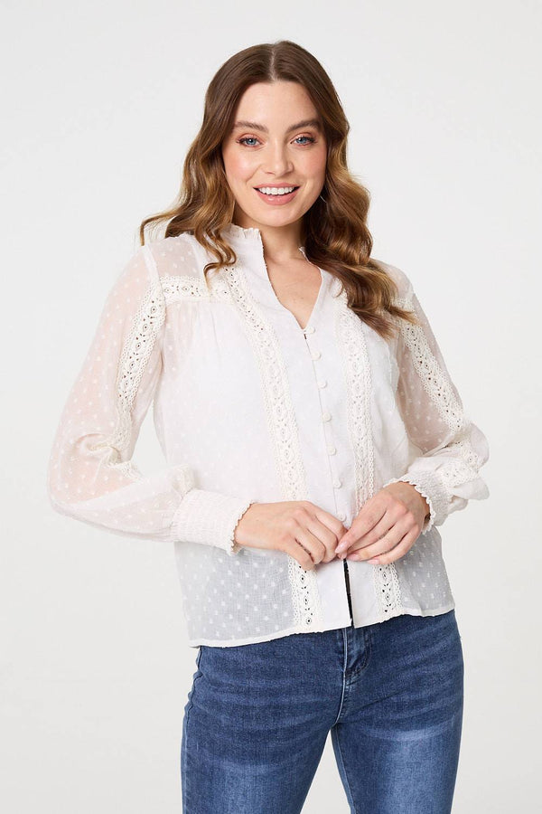 Lace Trim High Neck Long Sleeve Blouse