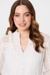 Lace Trim High Neck Long Sleeve Blouse