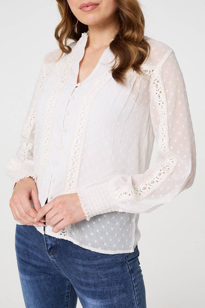 Lace Trim High Neck Long Sleeve Blouse
