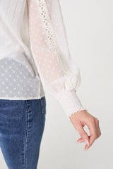 Lace Trim High Neck Long Sleeve Blouse