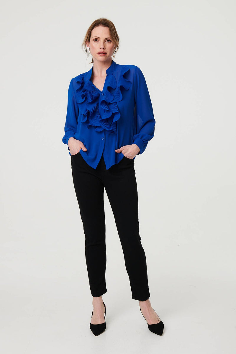 Sheer Ruffled V-Neck Long Sleeve Blouse
