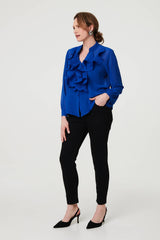 Sheer Ruffled V-Neck Long Sleeve Blouse