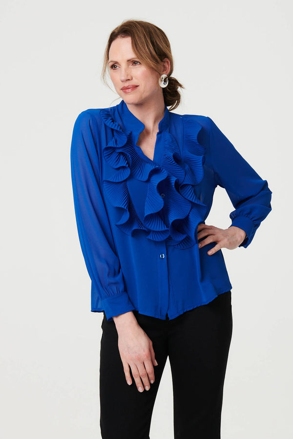 Sheer Ruffled V-Neck Long Sleeve Blouse