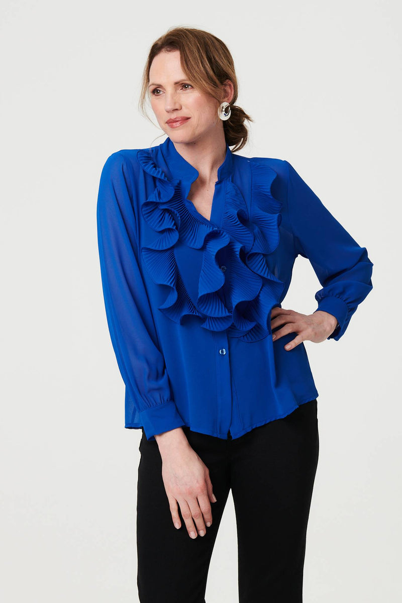 Sheer Ruffled V-Neck Long Sleeve Blouse