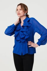 Sheer Ruffled V-Neck Long Sleeve Blouse