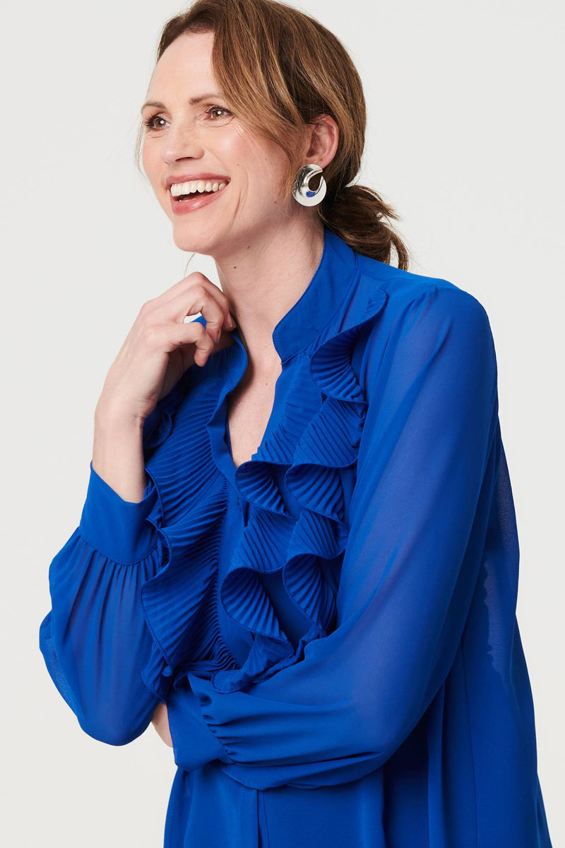 Sheer Ruffled V-Neck Long Sleeve Blouse