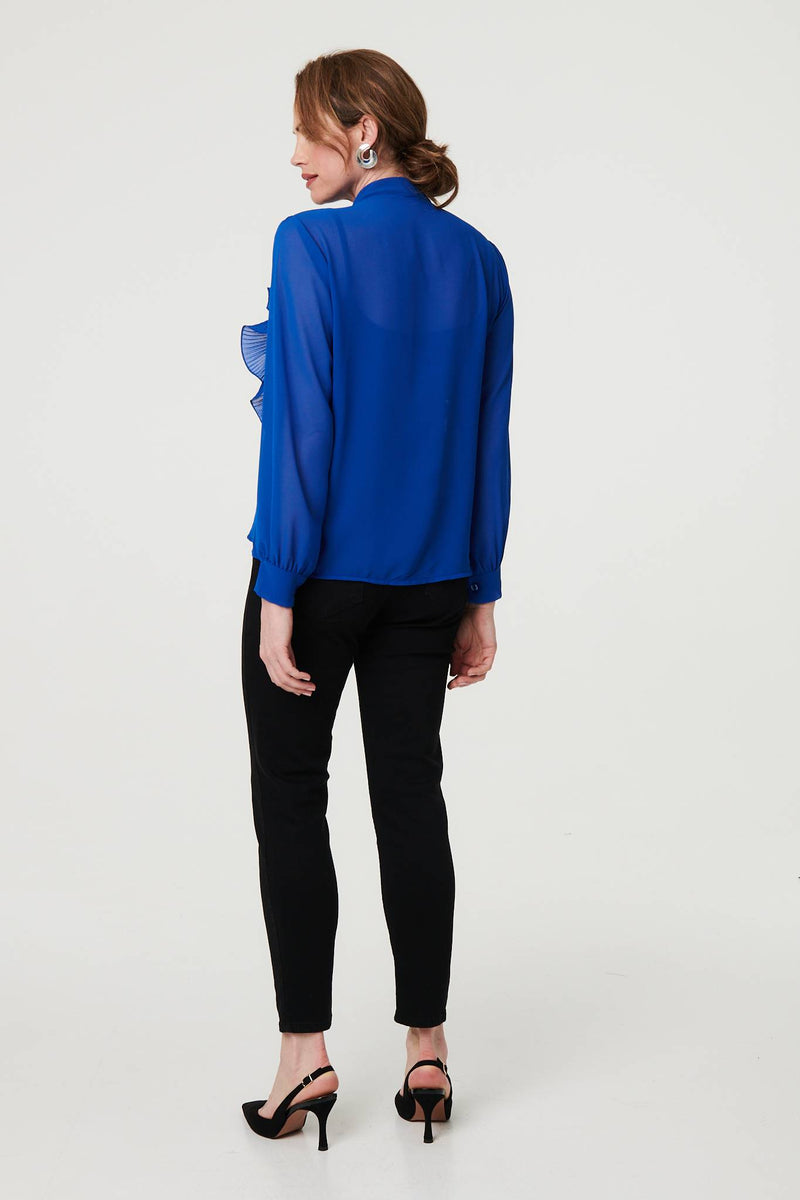 Sheer Ruffled V-Neck Long Sleeve Blouse