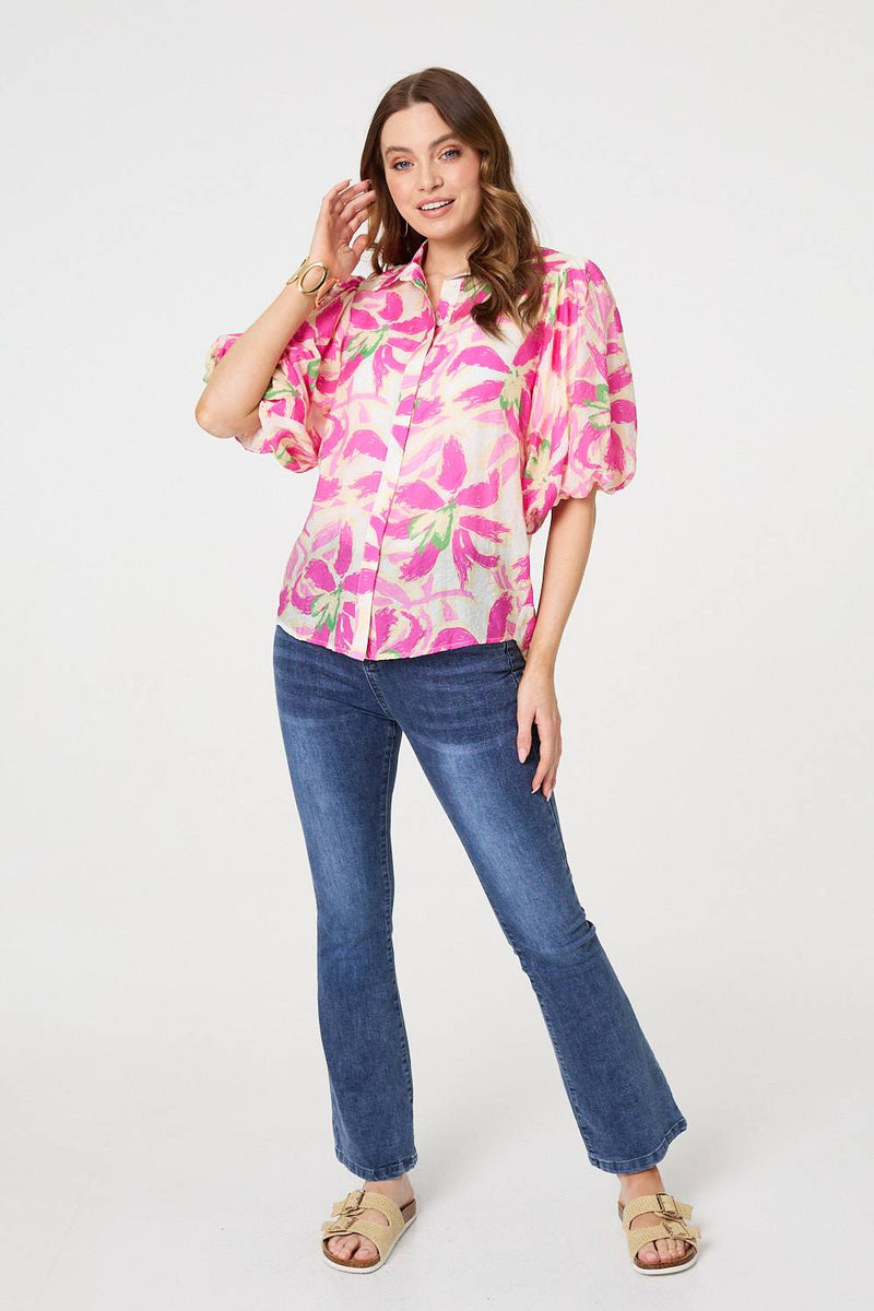Floral Puff Sleeve Collared Shirt