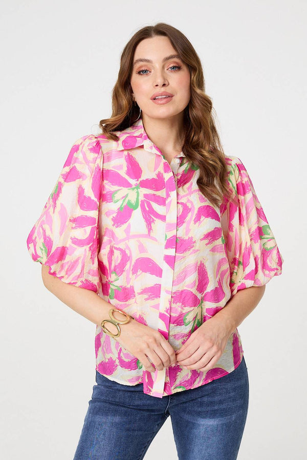 Floral Puff Sleeve Collared Shirt