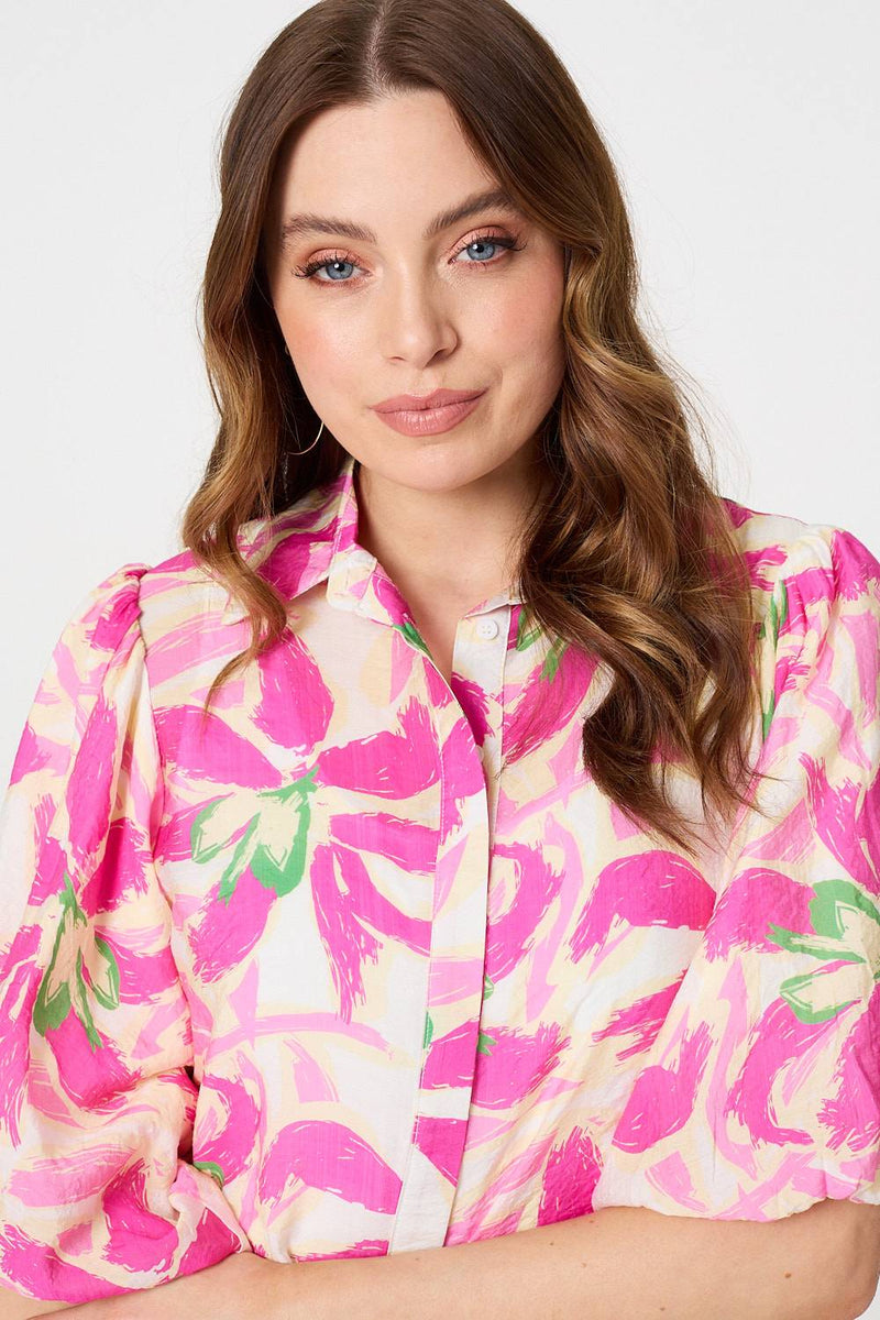 Floral Puff Sleeve Collared Shirt