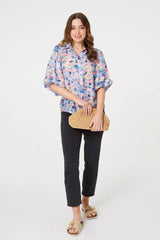 Printed Puff Sleeve Collared Shirt