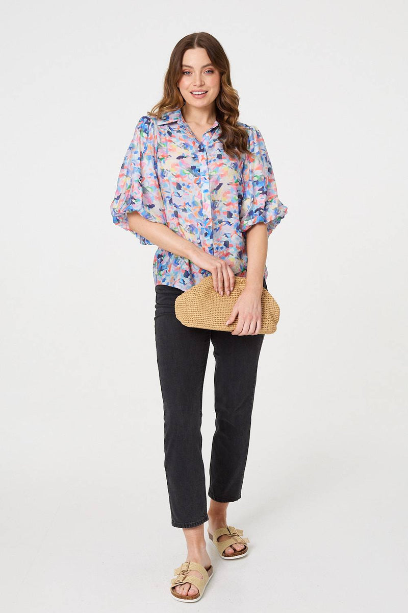 Printed Puff Sleeve Collared Shirt