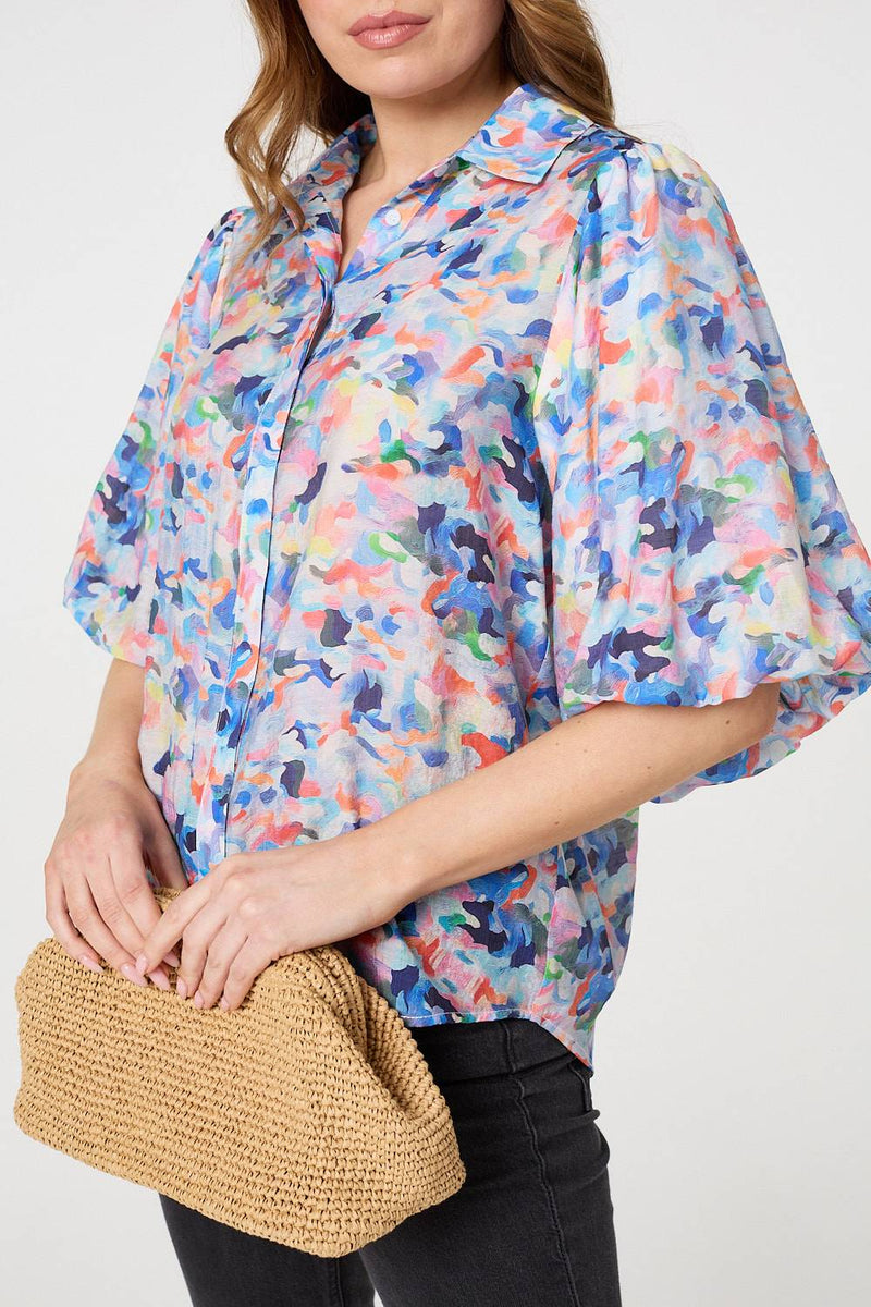 Printed Puff Sleeve Collared Shirt
