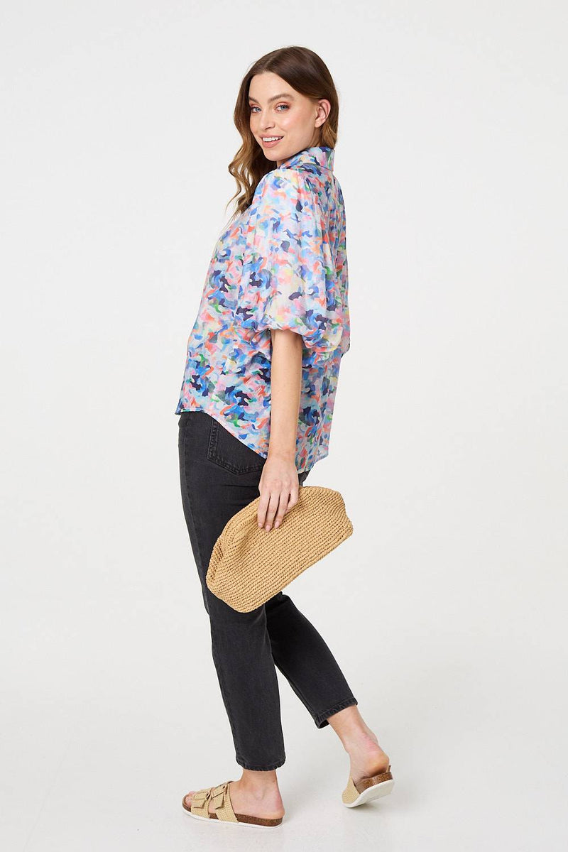 Printed Puff Sleeve Collared Shirt