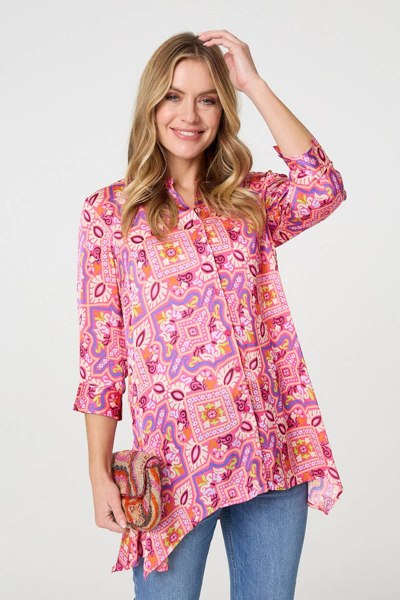 Mosaic Print 3/4 Sleeve Longline Blouse