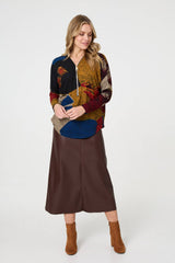 Abstract Zip V-Neck Long Sleeve Relaxed Top