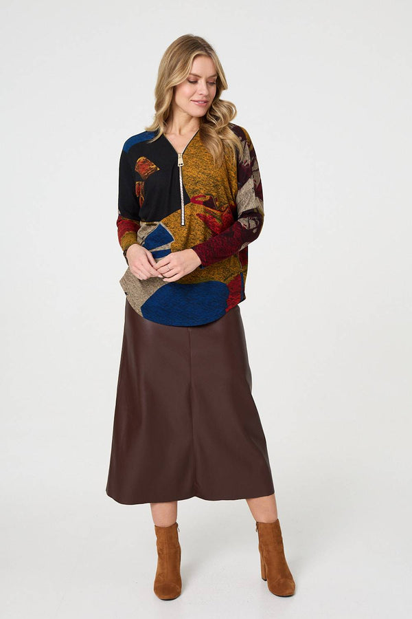 Abstract Zip V-Neck Long Sleeve Relaxed Top