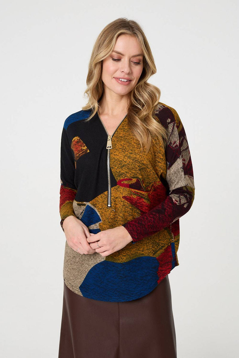 Abstract Zip V-Neck Long Sleeve Relaxed Top